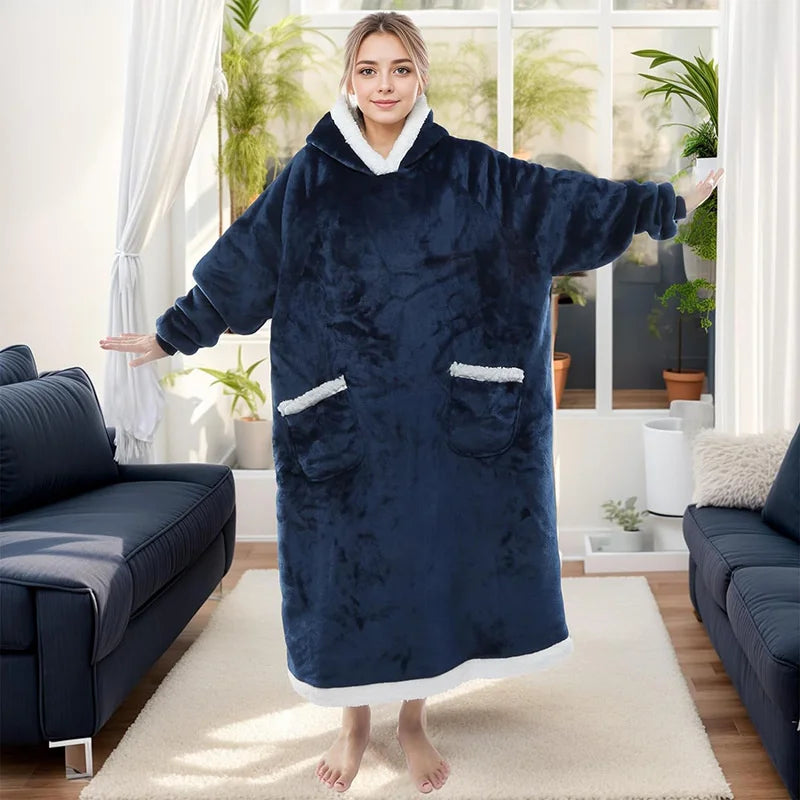 Extra Long Wearable Hoodie Blanket | Women and Men Winter Flannel Blanket Pyjamas | Oversized, Cozy and Soft